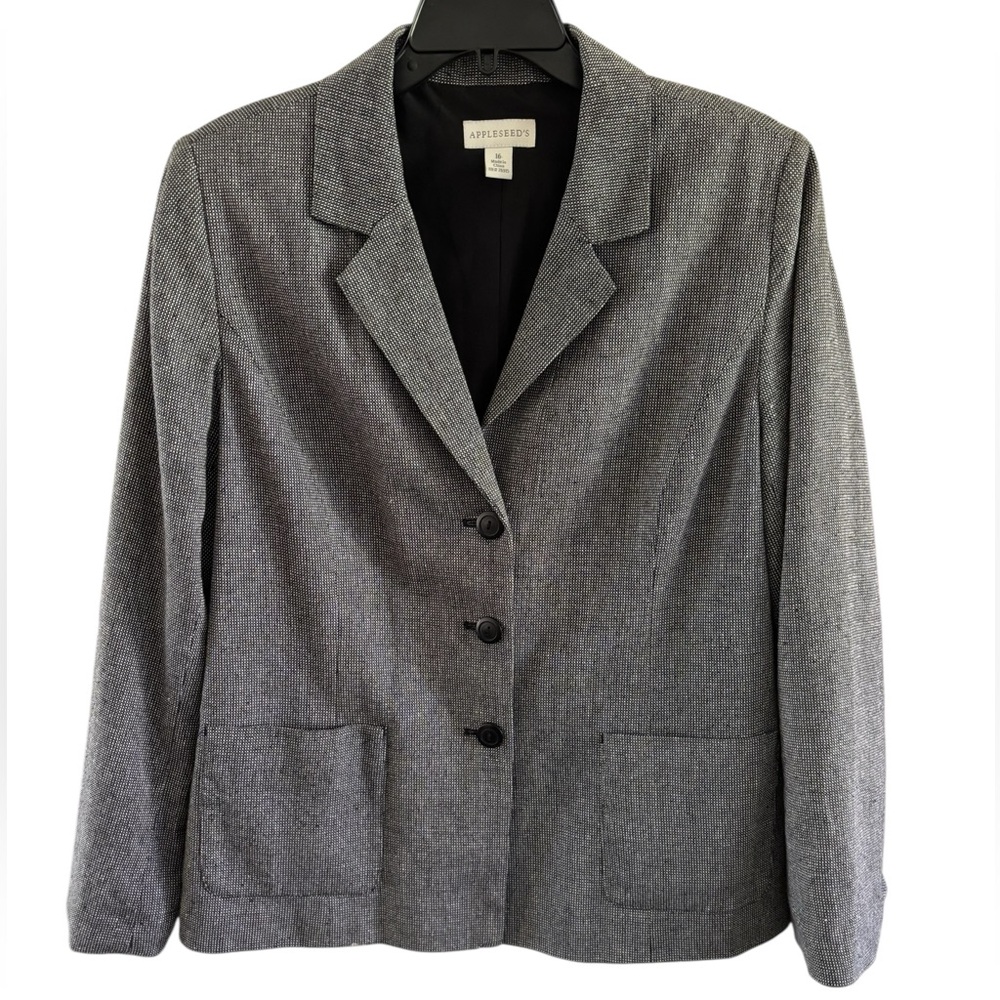 Vtg Appleseeds Black White Tweed Silk Cotton ClassicThree Button Blazer Size 16